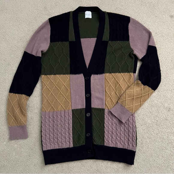 MADELEINE THOMPSON Cardigan Khaki Mixed Knit Cashmere Blend Color Block - Picture 2 of 11